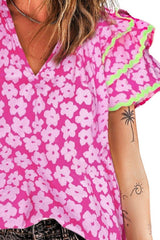 Printed V-Neck Flounce Sleeve Blouse - Trendsi - Flyclothing LLC
