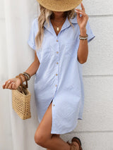 Striped Button Down Short Sleeve Mini Dress - Trendsi - Flyclothing LLC