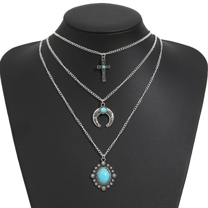 Artificial Turquoise Alloy Three-Layered Necklace - Trendsi
