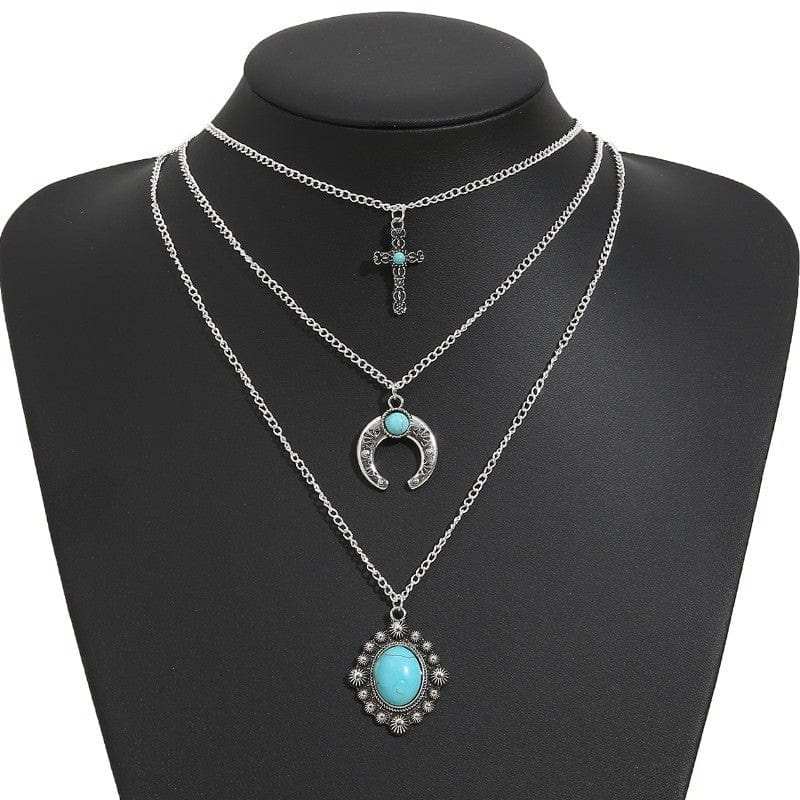 Artificial Turquoise Alloy Three-Layered Necklace - Trendsi - Flyclothing LLC