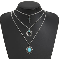 Artificial Turquoise Alloy Three-Layered Necklace - Trendsi