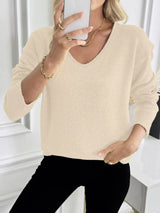Casual V-Neck Drop Shoulder Sweater - Trendsi - Flyclothing LLC