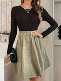 Contrast Round Neck Long Sleeve Dress - Trendsi