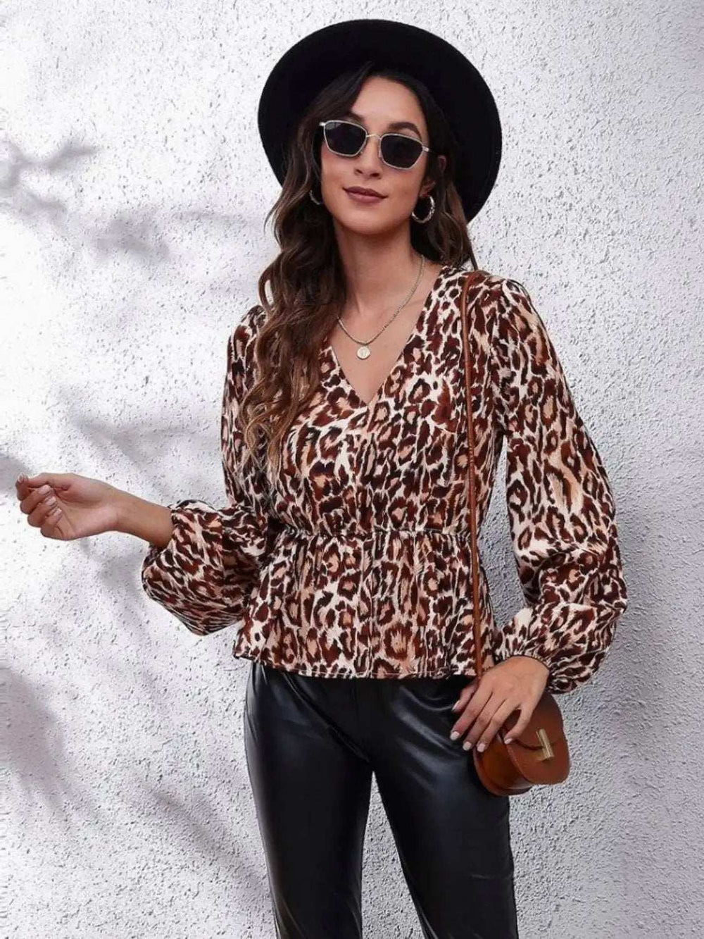 Ruched Printed V-Neck Long Sleeve Blouse - Trendsi - Flyclothing LLC