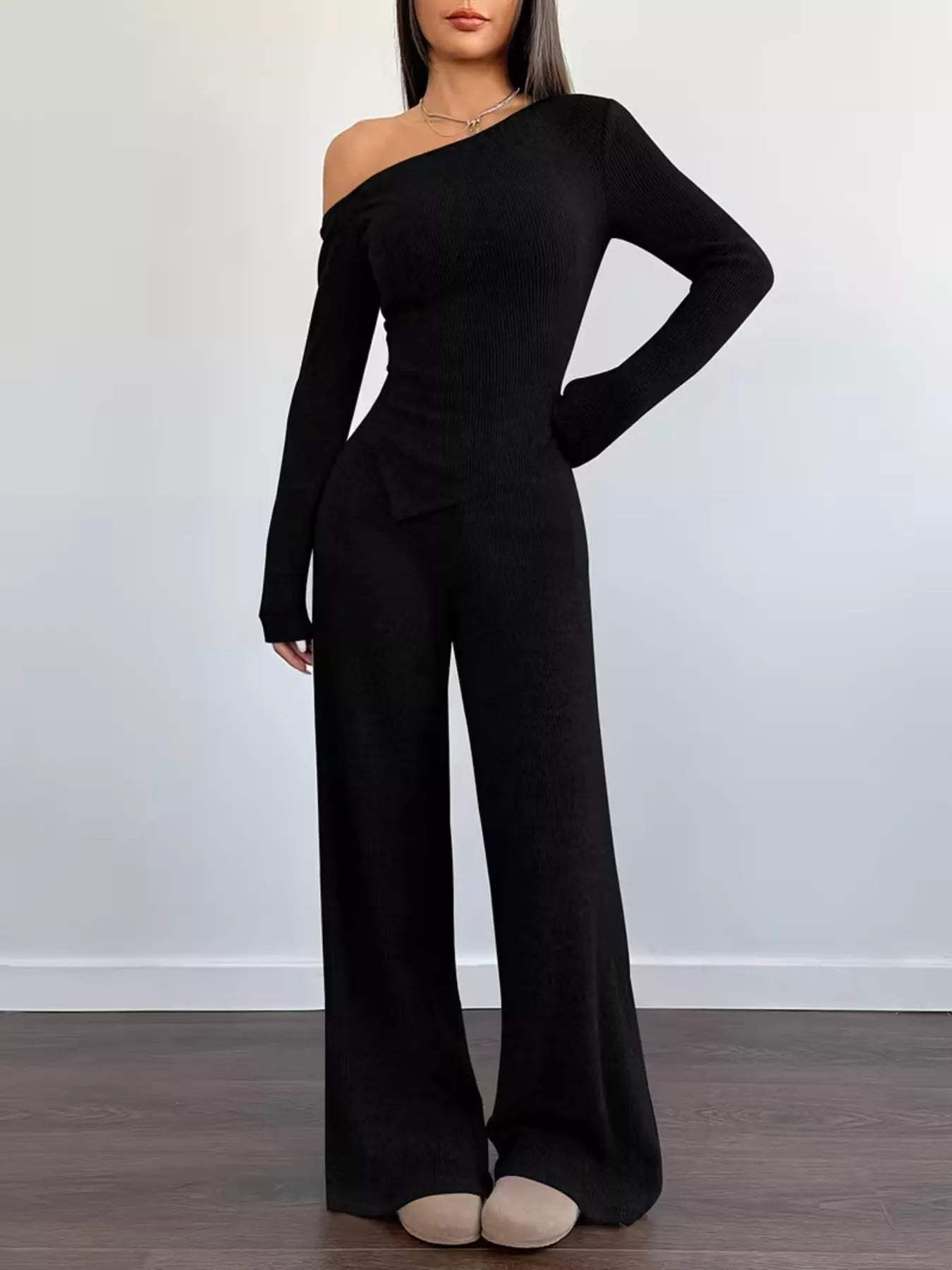 Chic One-Shoulder Asymmetrical Top and Wide-Leg Pants Set - Trendsi - Flyclothing LLC