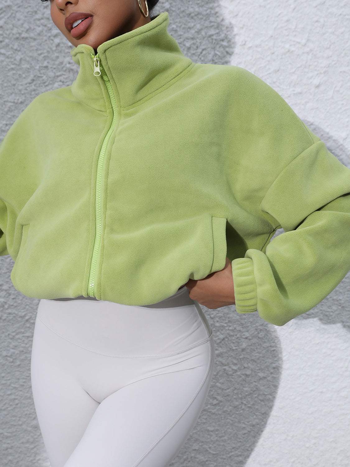 Drawstring Turtleneck Zip Up Long Sleeve Jacket - Trendsi - Flyclothing LLC