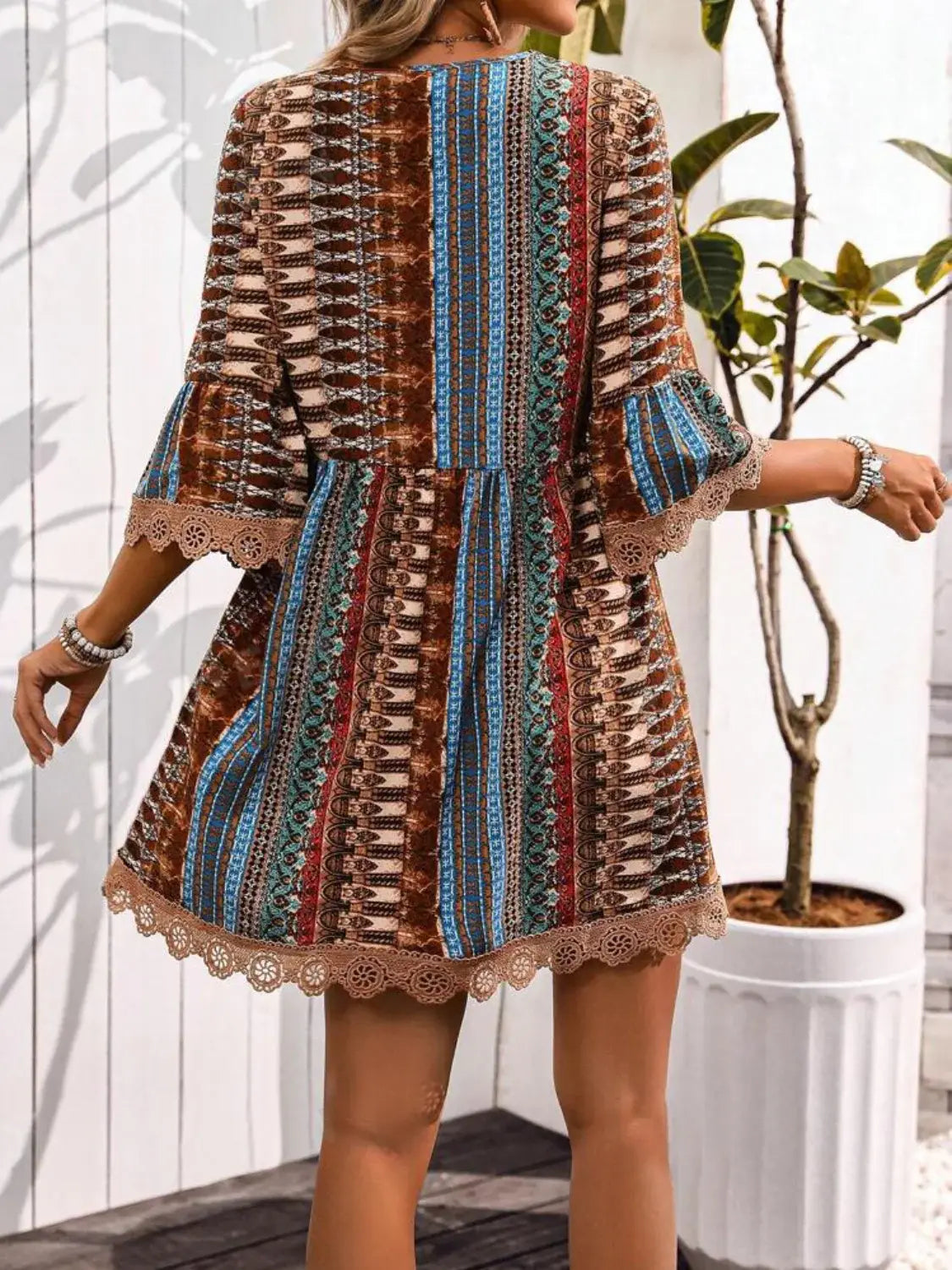 Lace Trim Printed V-Neck 3/4 Sleeve Dress - Trendsi - Flyclothing LLC