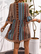 Lace Trim Printed V-Neck 3/4 Sleeve Dress - Trendsi - Flyclothing LLC