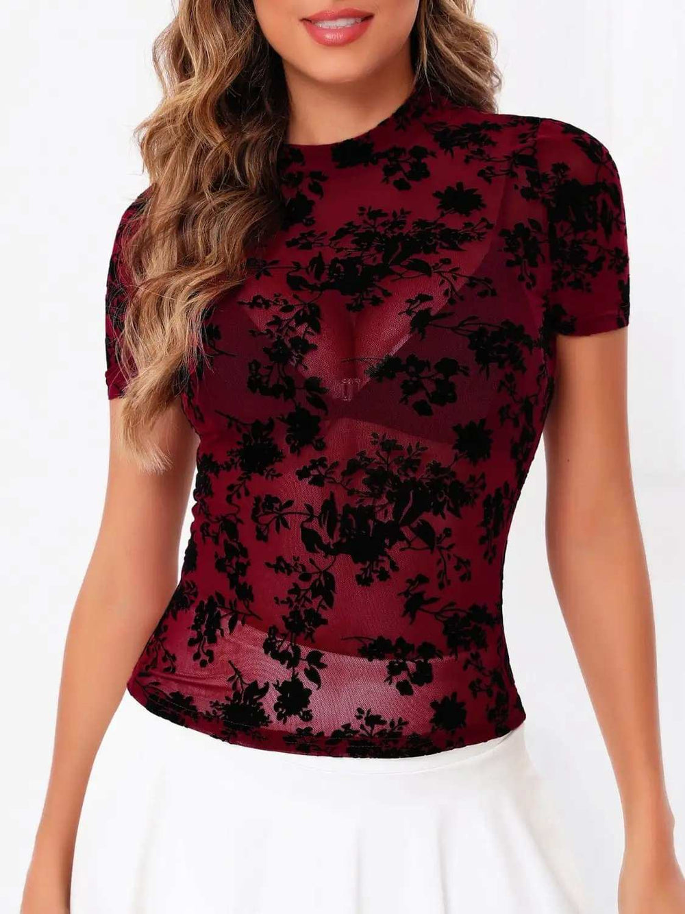 Mock Neck Short Sleeve Top - Trendsi - Flyclothing LLC