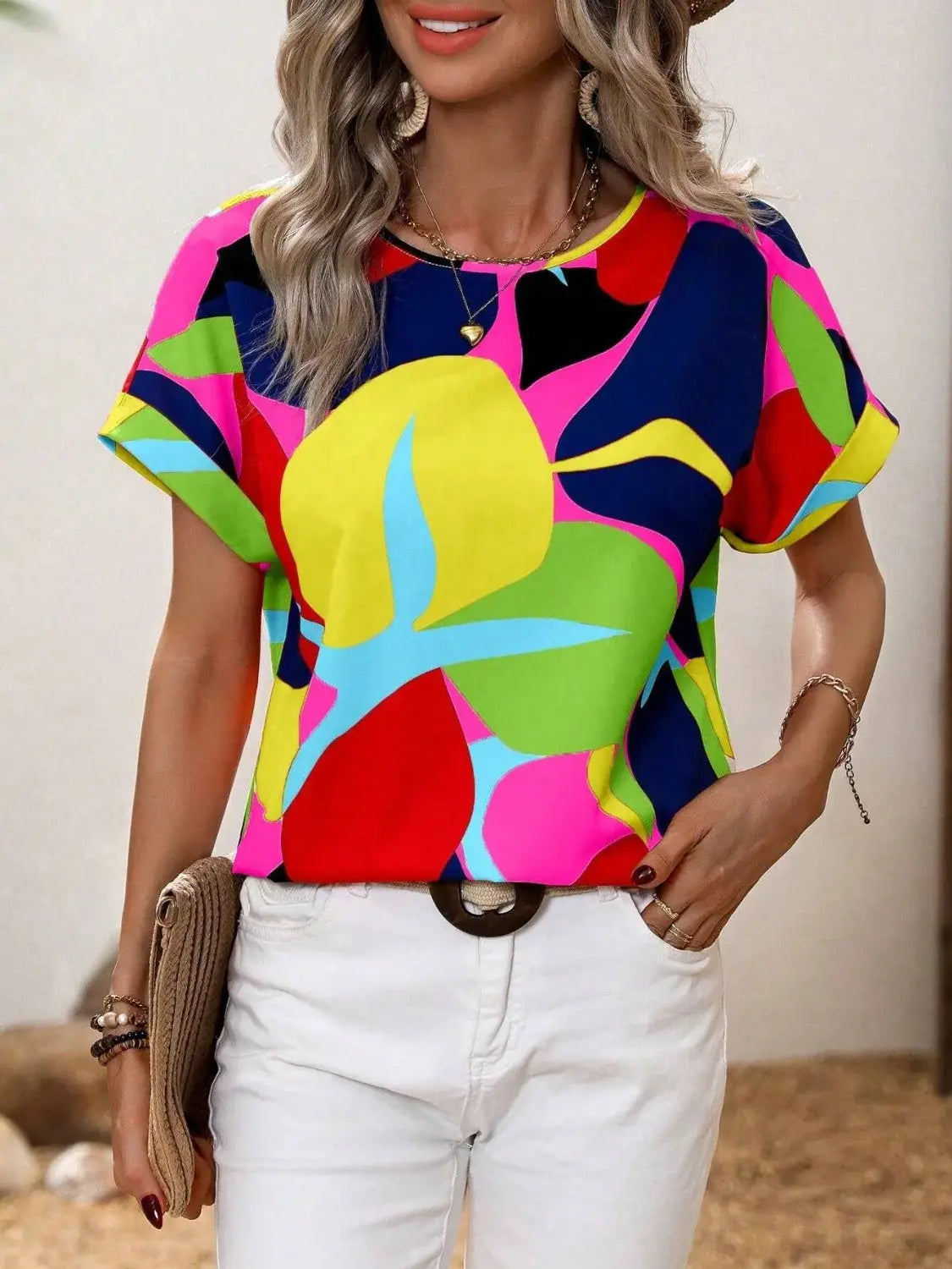Contrast Round Neck Short Sleeve Blouse - Trendsi - Flyclothing LLC