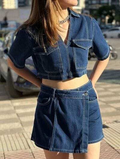 Johnny Collar Short Sleeve Top and Skort Denim Set - Trendsi - Flyclothing LLC