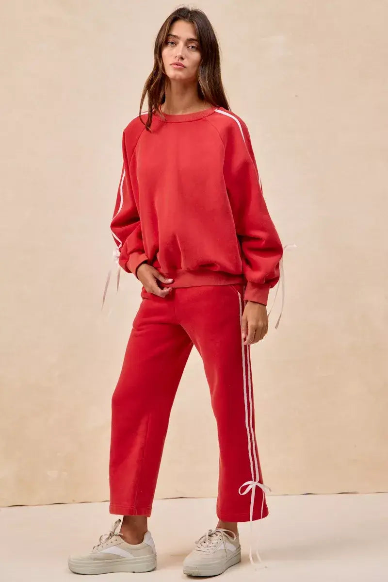 BiBi Side Lined Bow Details Fleece Sweatpants - Trendsi - Flyclothing LLC