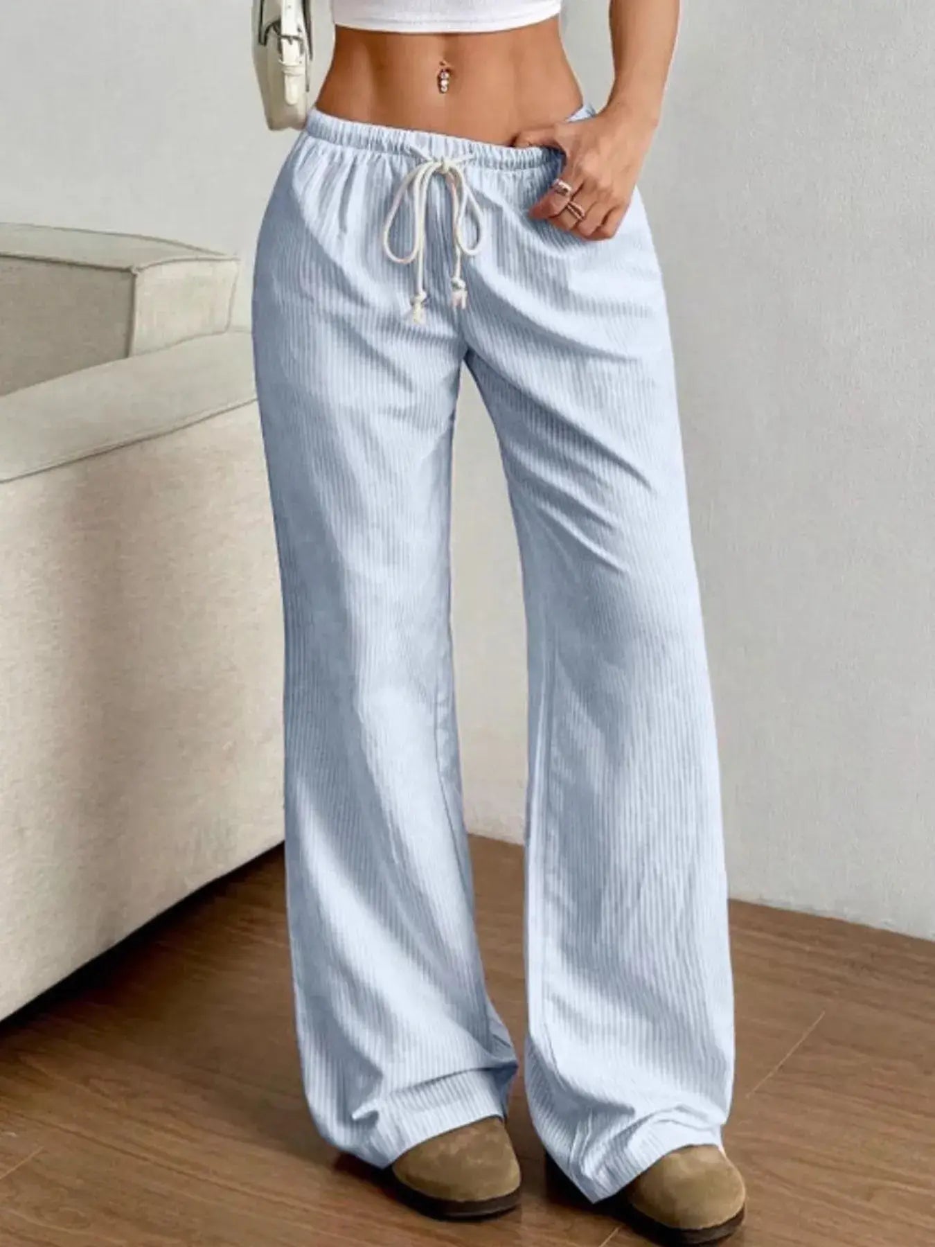 Drawstring Striped Wide Leg Pants - Trendsi - Flyclothing LLC