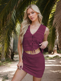 Openwork V-Neck Top and Skirt Knit Cover Up Set - Trendsi