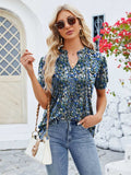 Ruched Printed Notched Short Sleeve Blouse - Trendsi - Flyclothing LLC