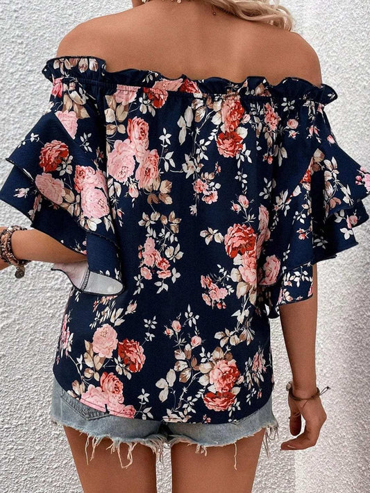 Printed Off-Shoulder Flounce Sleeve Blouse - Trendsi - Flyclothing LLC