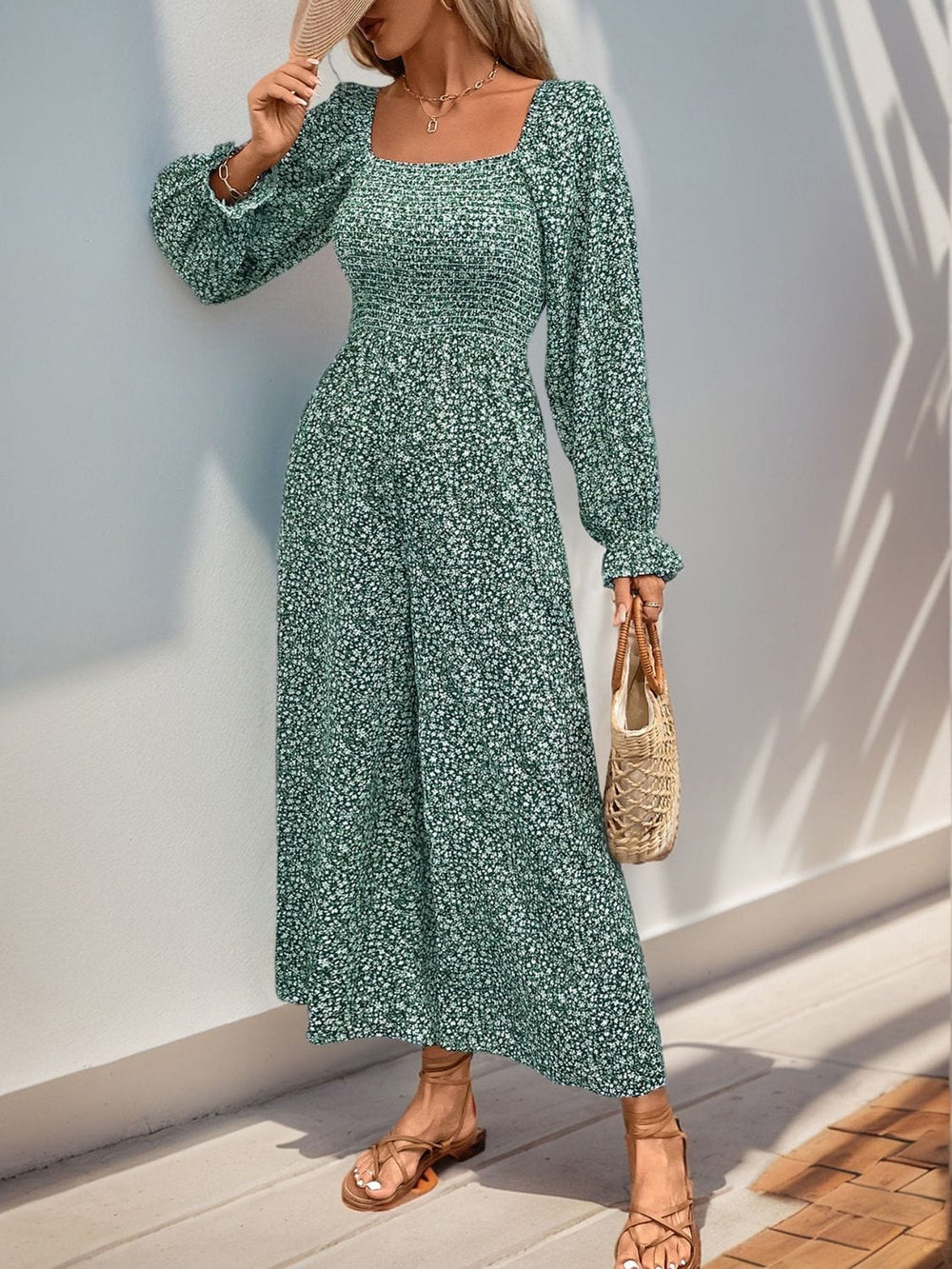 Perfee Smocked Printed Long Sleeve Wide Leg Jumpsuit - Trendsi
