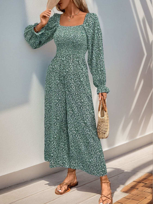 Perfee Smocked Printed Long Sleeve Wide Leg Jumpsuit - Trendsi - Flyclothing LLC