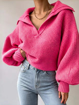 Oversized Collar Ribbed Cropped Sweater - Trendsi - Flyclothing LLC