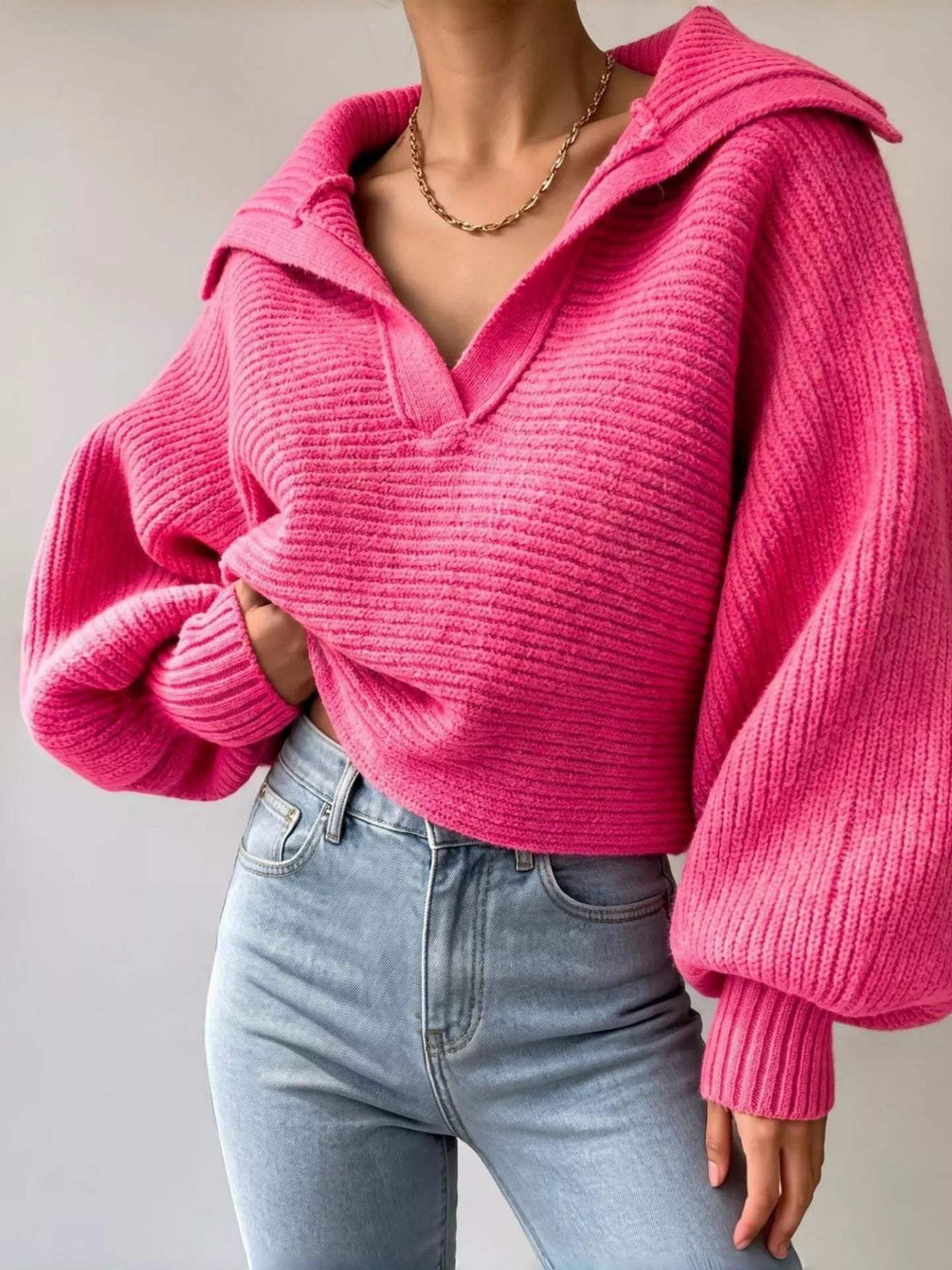 Oversized Collar Ribbed Cropped Sweater - Trendsi - Flyclothing LLC