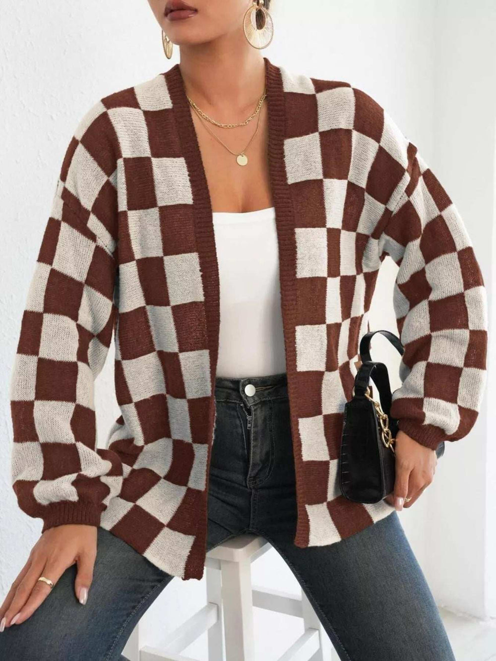 Checkerboard Pattern Open Front Knit Cardigan - Trendsi - Flyclothing LLC