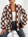 Checkerboard Pattern Open Front Knit Cardigan - Trendsi - Flyclothing LLC