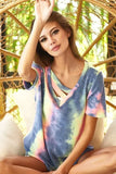 BiBi Tie Dye Terry V Neck Top With Double Strap - Trendsi - Flyclothing LLC