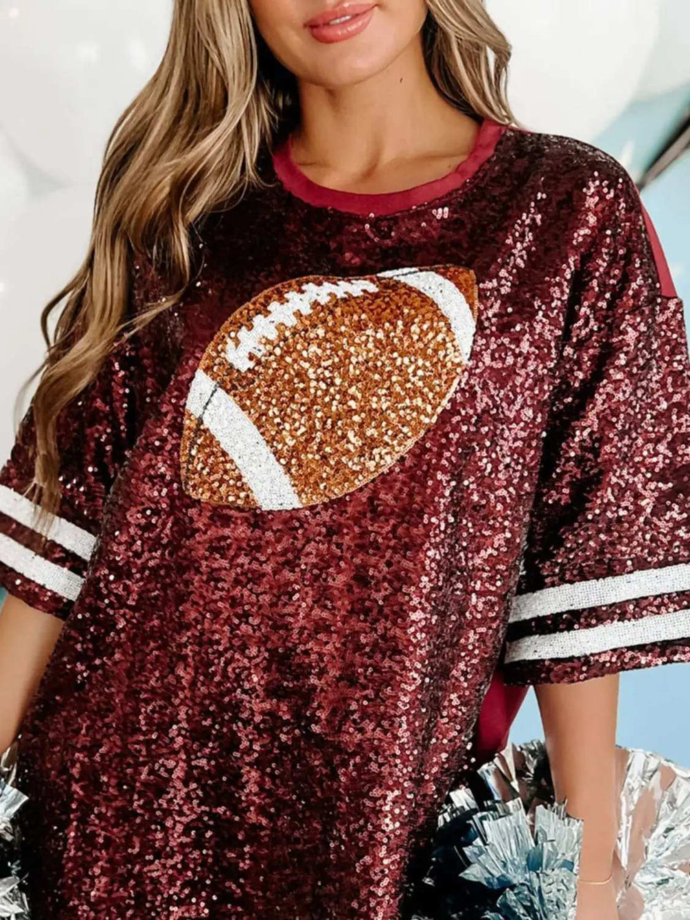 Sequin Football Round Neck Half Sleeve Oversize Top - Trendsi - Flyclothing LLC