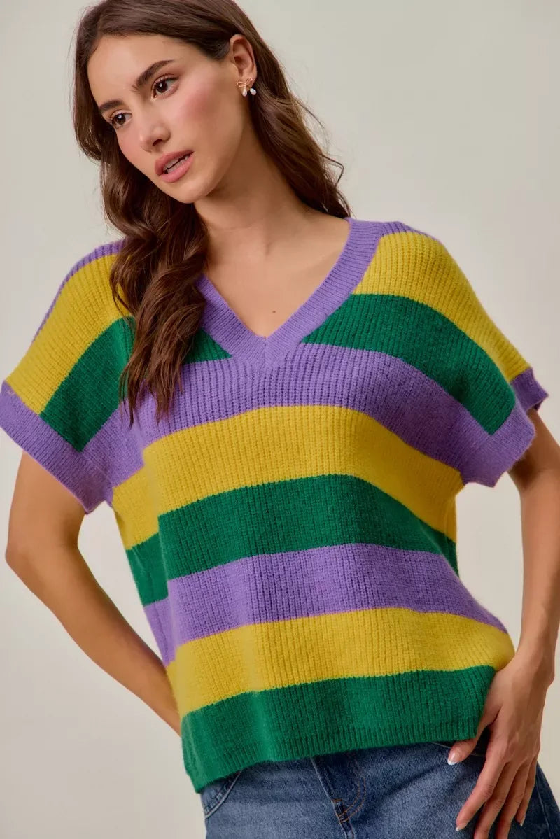SO ME Mardi Gras Loose Fit V Neck Stripe Sweater Top - Trendsi - Flyclothing LLC