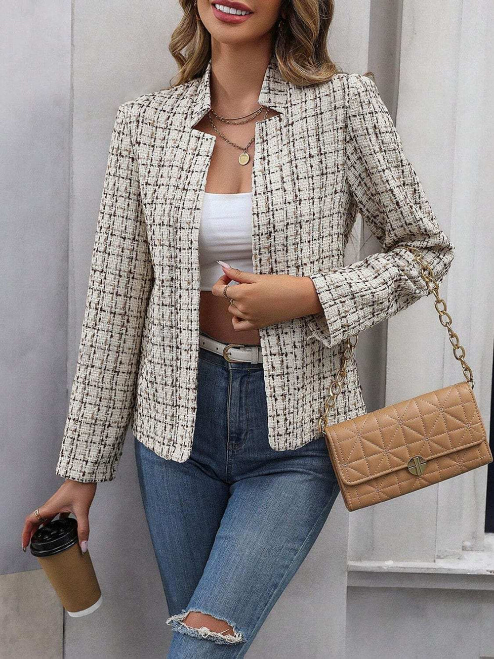 Plaid Open Front Long Sleeve Jacket - Trendsi - Flyclothing LLC