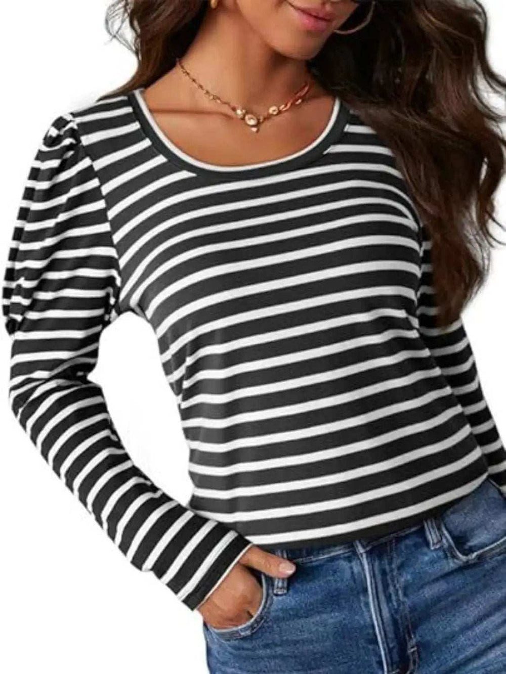 Striped Round Neck Long Sleeve T-Shirt - Trendsi - Flyclothing LLC