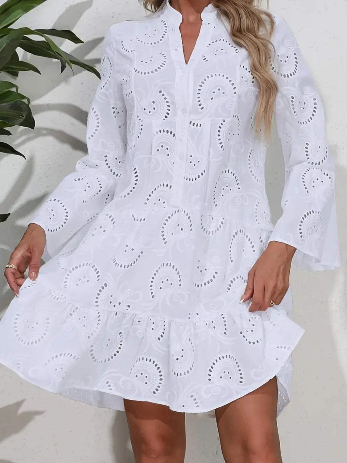 Ruffle Hem Eyelet Notched Long Sleeve Dress - Trendsi - Flyclothing LLC