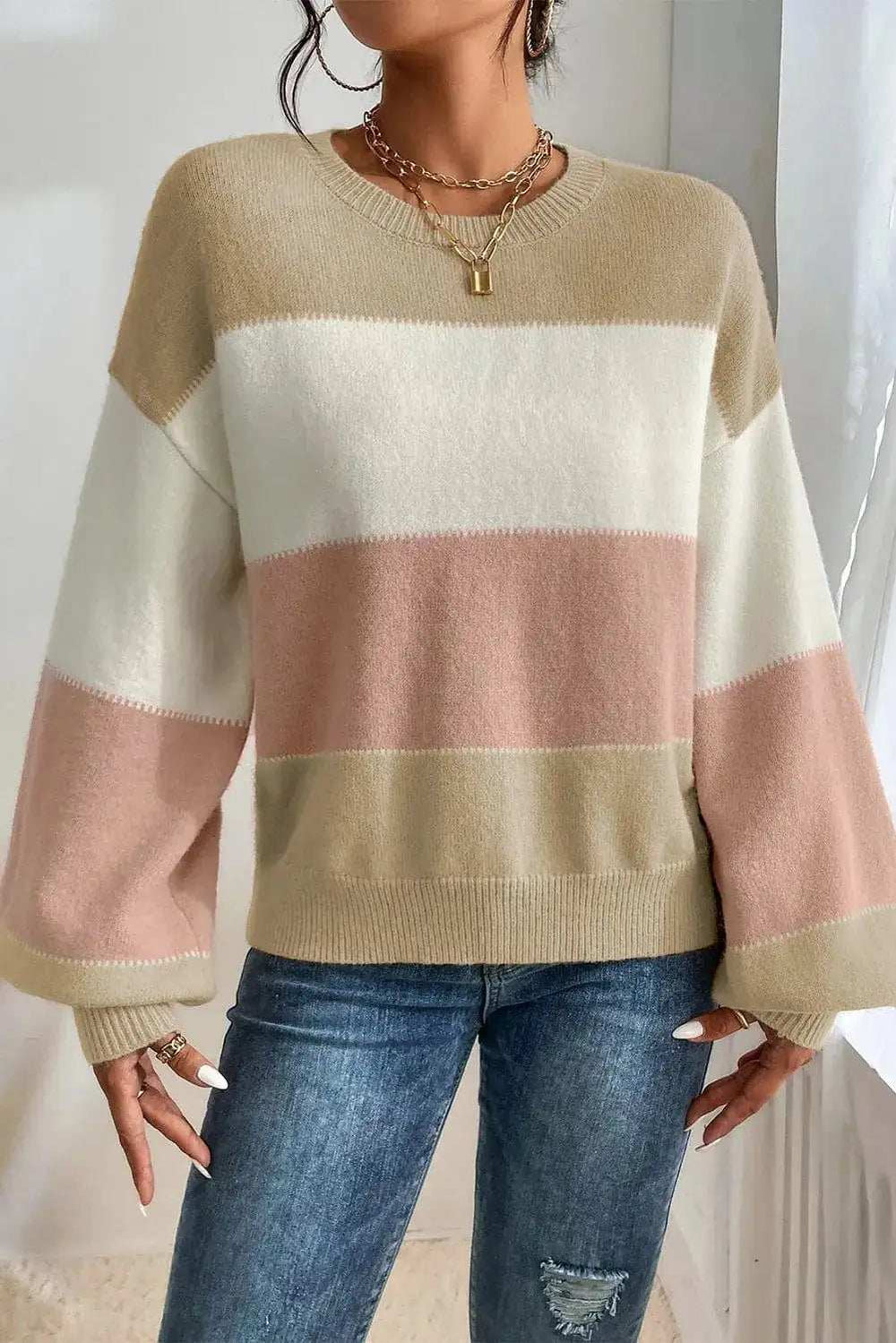 Color Block Round Neck Lantern Sleeve Sweater - Trendsi - Flyclothing LLC