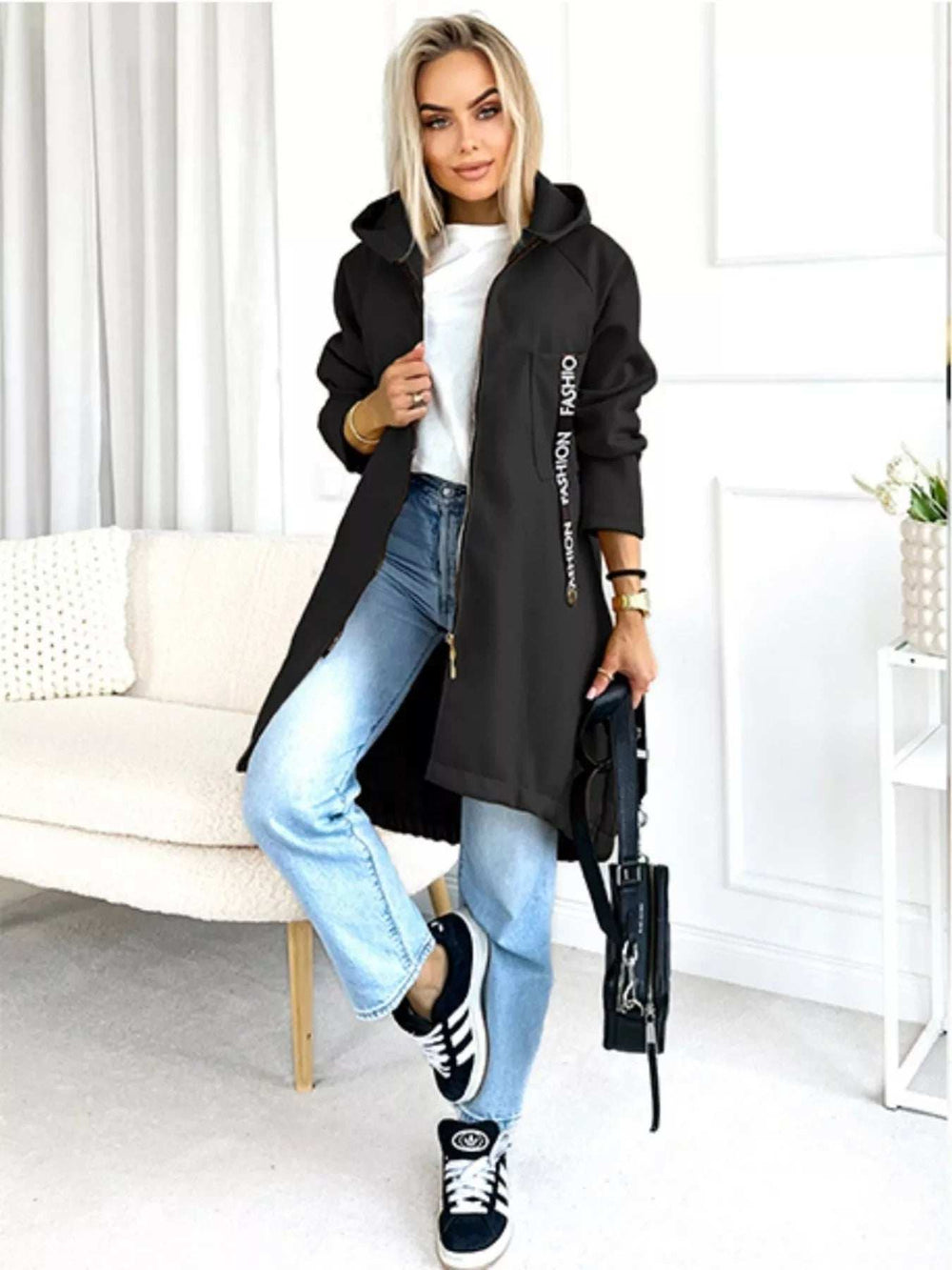 Full Size Zip Up Longline Hooded Outerwear Plus Size - Trendsi - Flyclothing LLC