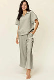 Double Take Full Size Texture Half Zip Short Sleeve Top and Pants Set - Trendsi - Flyclothing LLC