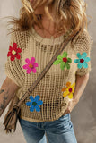 Flower Round Neck Half Sleeve Knit Cover Up - Trendsi - Flyclothing LLC