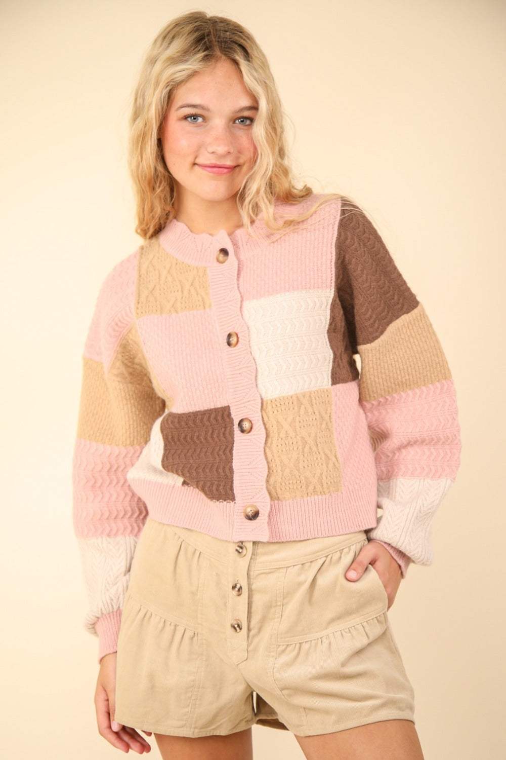 VERY J Color Block Button Down Textured Sweater Cardigan - Trendsi - Flyclothing LLC
