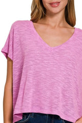 Zenana Hacci Slub V-neck Drop Shoulder Crop Top - Trendsi - Flyclothing LLC