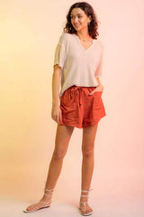 Waffle-Knit Notched Half Sleeve T-Shirt - Trendsi - Flyclothing LLC