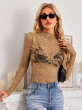 Mock Neck Long Sleeve Lace Sheer Top - Trendsi - Flyclothing LLC