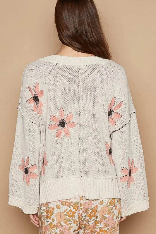 POL V-Neck Floral Pattern Chenille Sweater - Trendsi - Flyclothing LLC