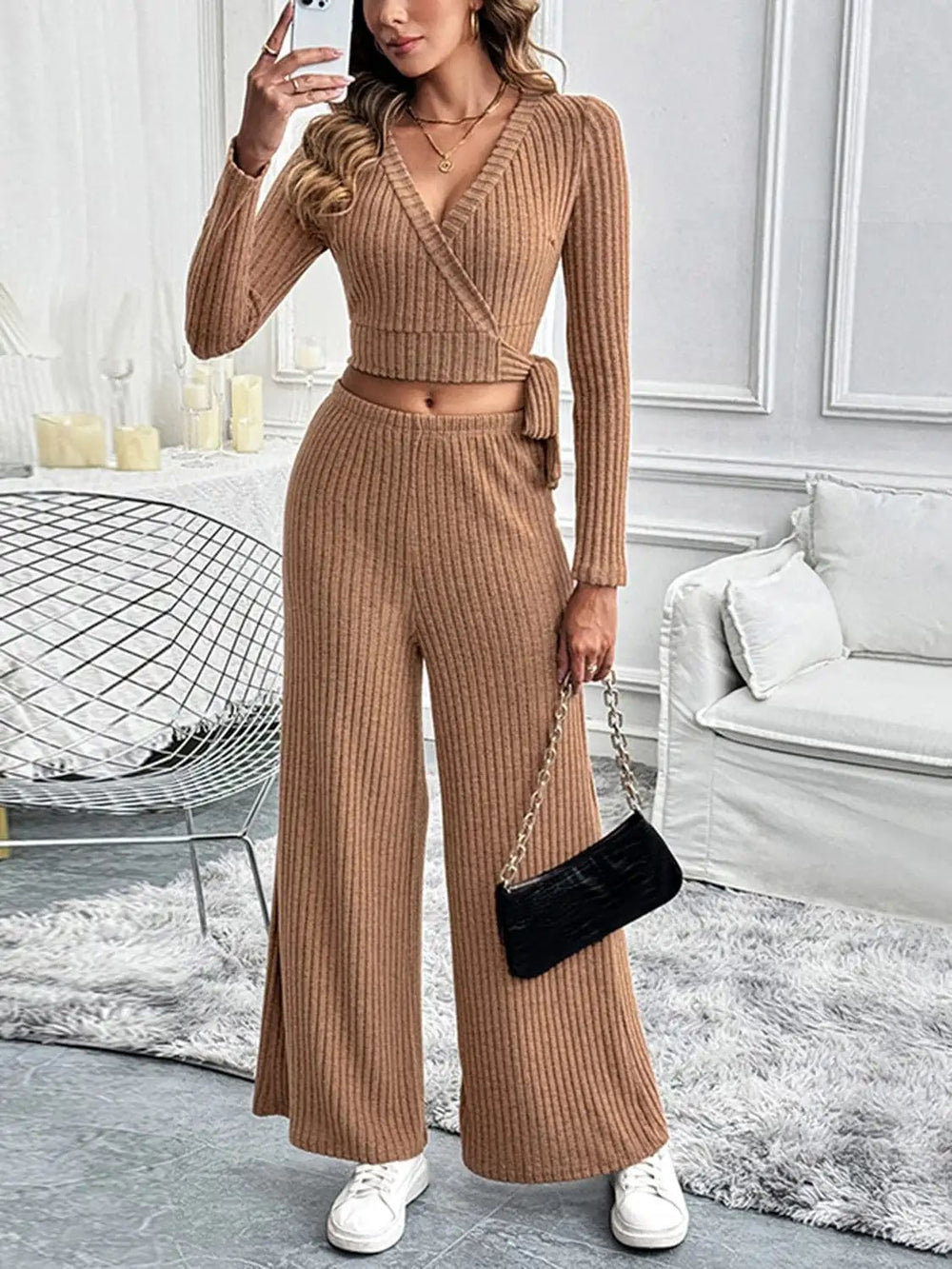 Perfee Surplice Long Sleeve Top and Pants Set - Trendsi