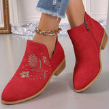 Embroidered Suede Point Toe Block Heel Boots - Trendsi - Flyclothing LLC