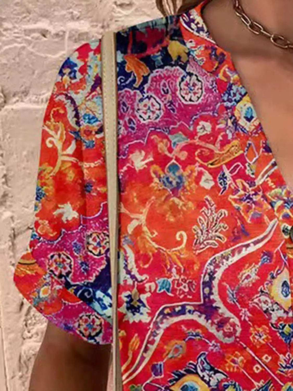 Full Size Printed Notched Short Sleeve Blouse - Trendsi - Flyclothing LLC