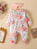 Ruffled Floral Round Neck Jumpsuit with Headband - Trendsi