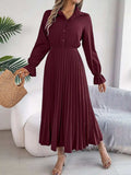 Pleated Half Button Long Sleeve Midi Dress - Trendsi - Flyclothing LLC