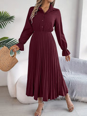 Pleated Half Button Long Sleeve Midi Dress - Trendsi