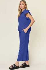 Double Take Texture Ruffle Short Sleeve Top and Drawstring Wide Leg Pants Set - Trendsi - Flyclothing LLC