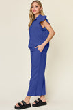 Double Take Texture Ruffle Short Sleeve Top and Drawstring Wide Leg Pants Set - Trendsi