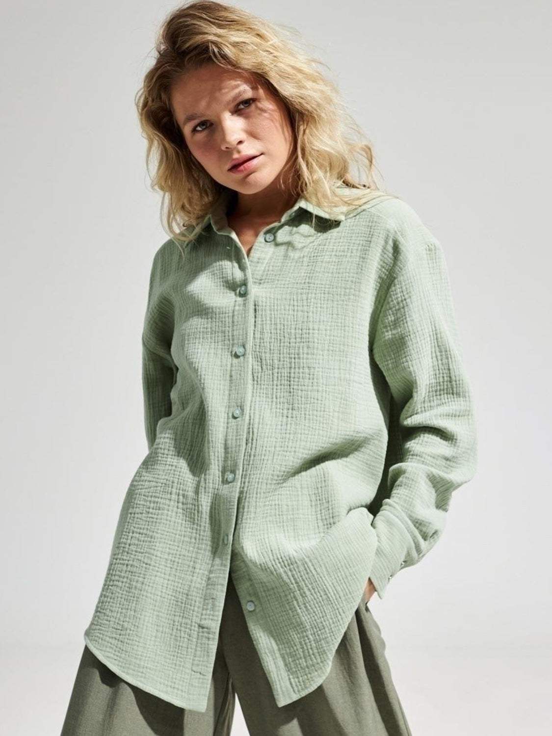 Textured Collared Neck Long Sleeve Shirt - Trendsi - Flyclothing LLC